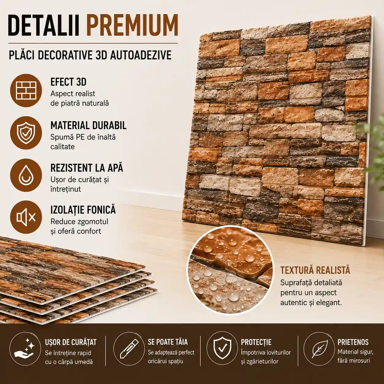 Transformă-ți pereții în câteva minute – Set 5 Bucăți Plăci Decorative 3D Autoadezive, Efect Piatră Naturală, 70×77 cm