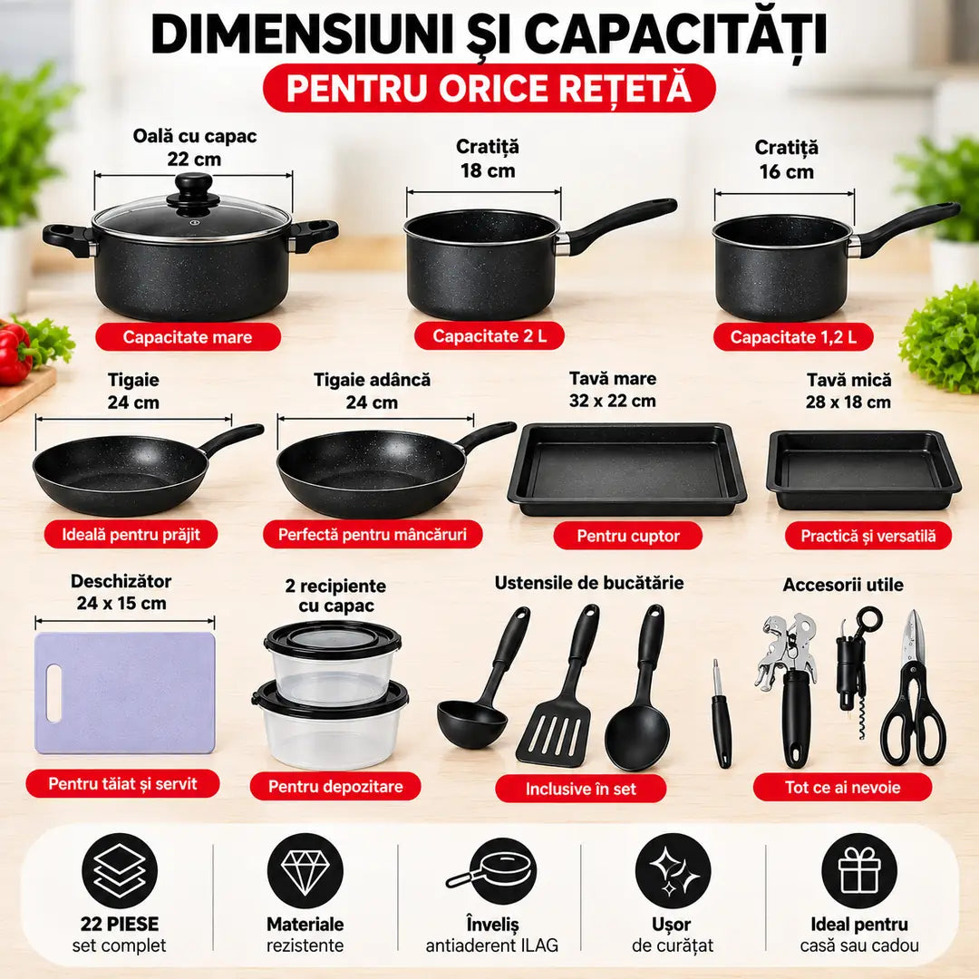 🍳 Tot ce ai nevoie pentru gătit, într-un singur set! – Set Premium de Vase și Ustensile pentru Bucătărie, 22 Piese