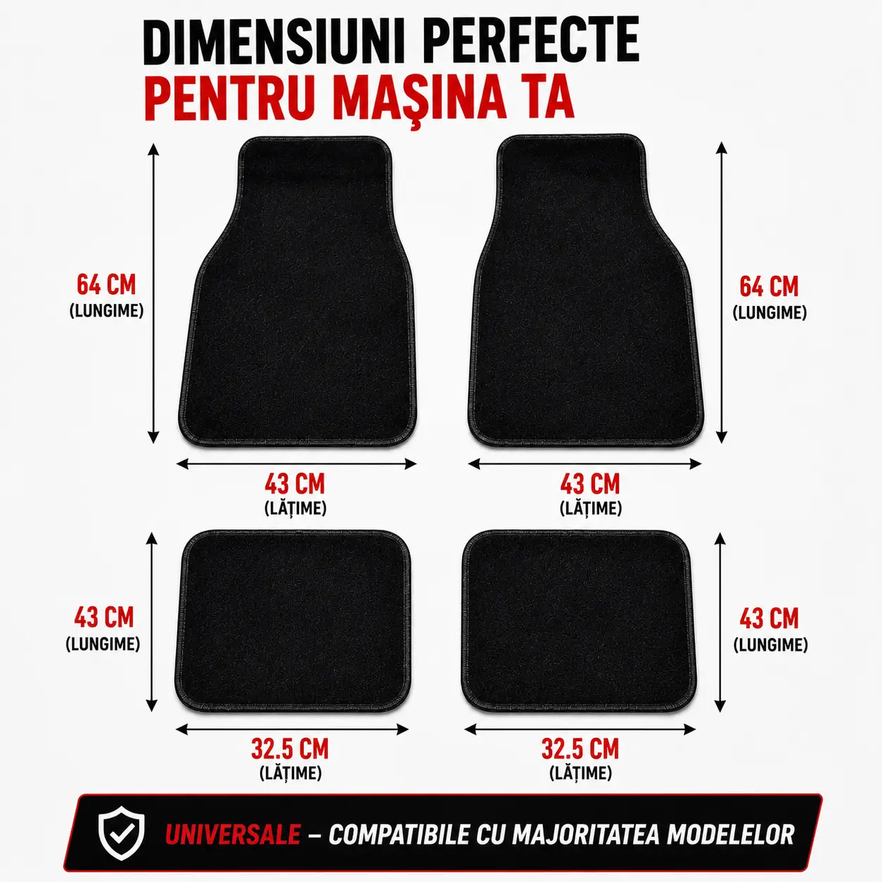 Set 4 Covorașe Auto Universale – Mochetă Premium, Rezistente și Antiderapante