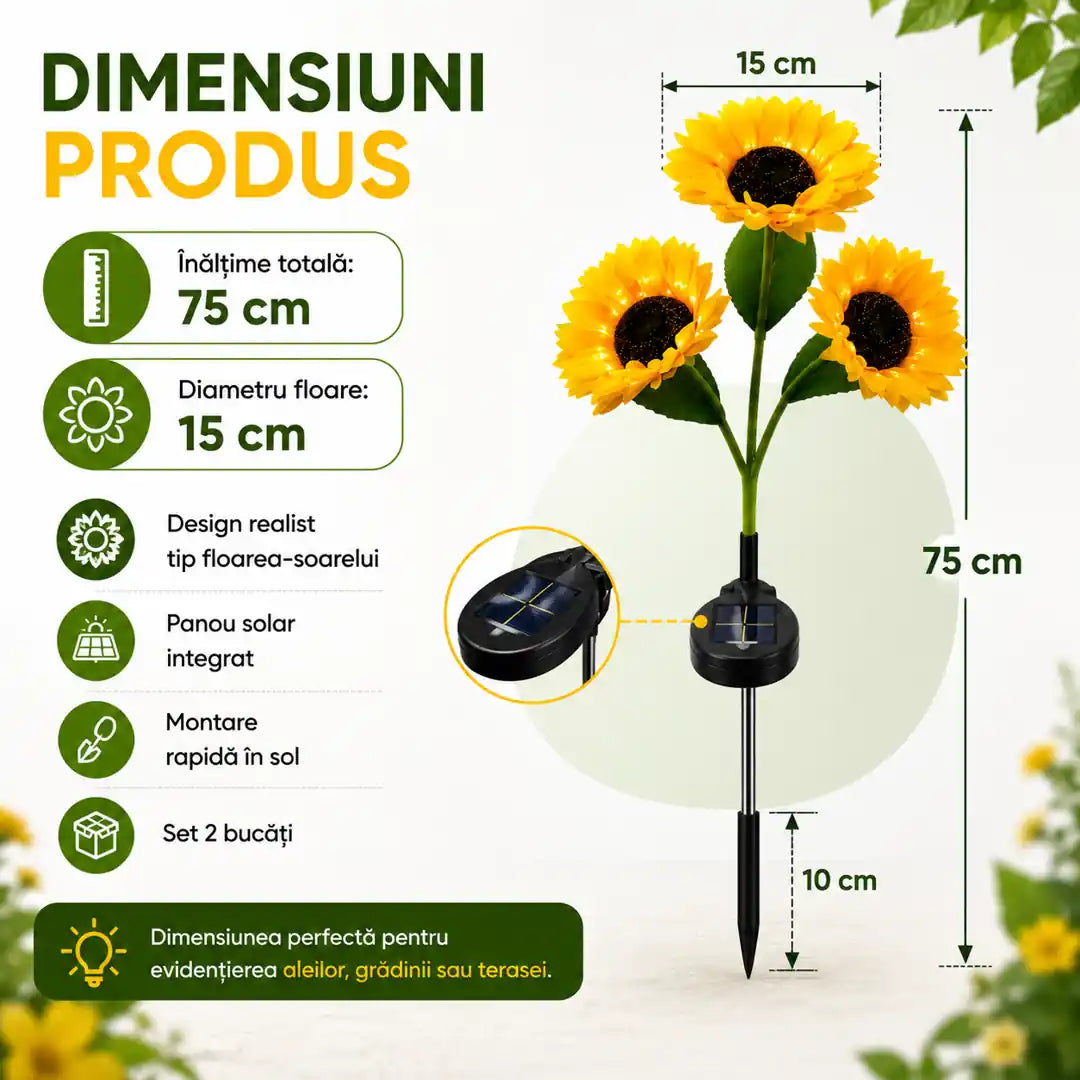 🌻 Flori Care Strălucesc în Fiecare Seară – Lampă Solară LED 2/Set, Model Floarea-Soarelui, 75cm