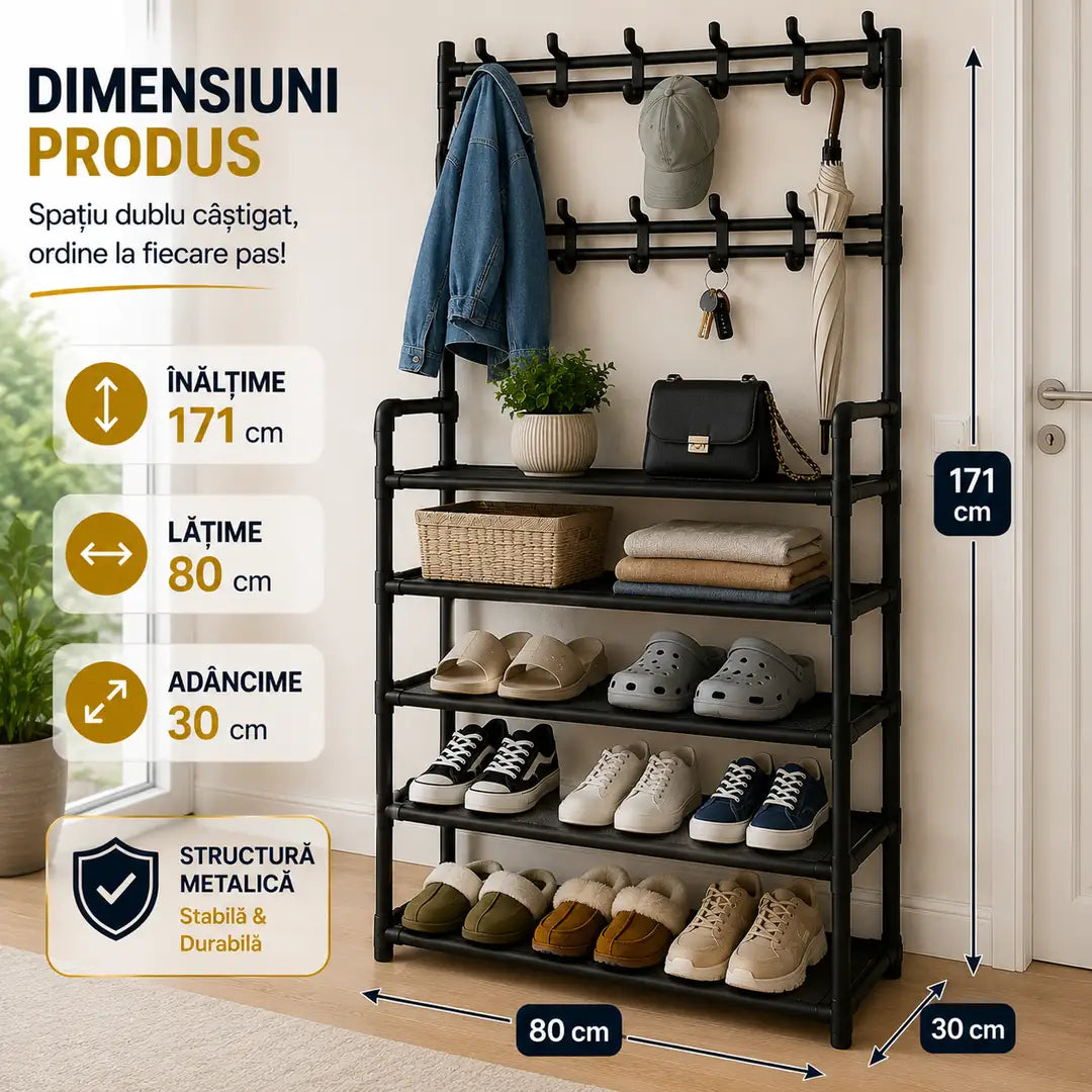 Totul la Locul Lui, Într-un Singur Suport – Cuier Metalic cu 5 Rafturi 171 × 80 × 30 cm
