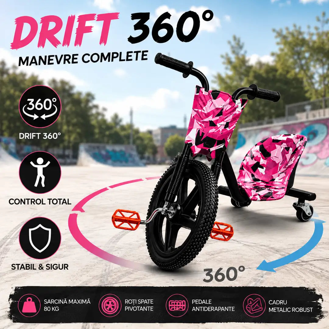 Drift Fără Limite! Tricicletă Drift cu Roți LED, Scaun Tip Cupă și Capacitate 80 KG