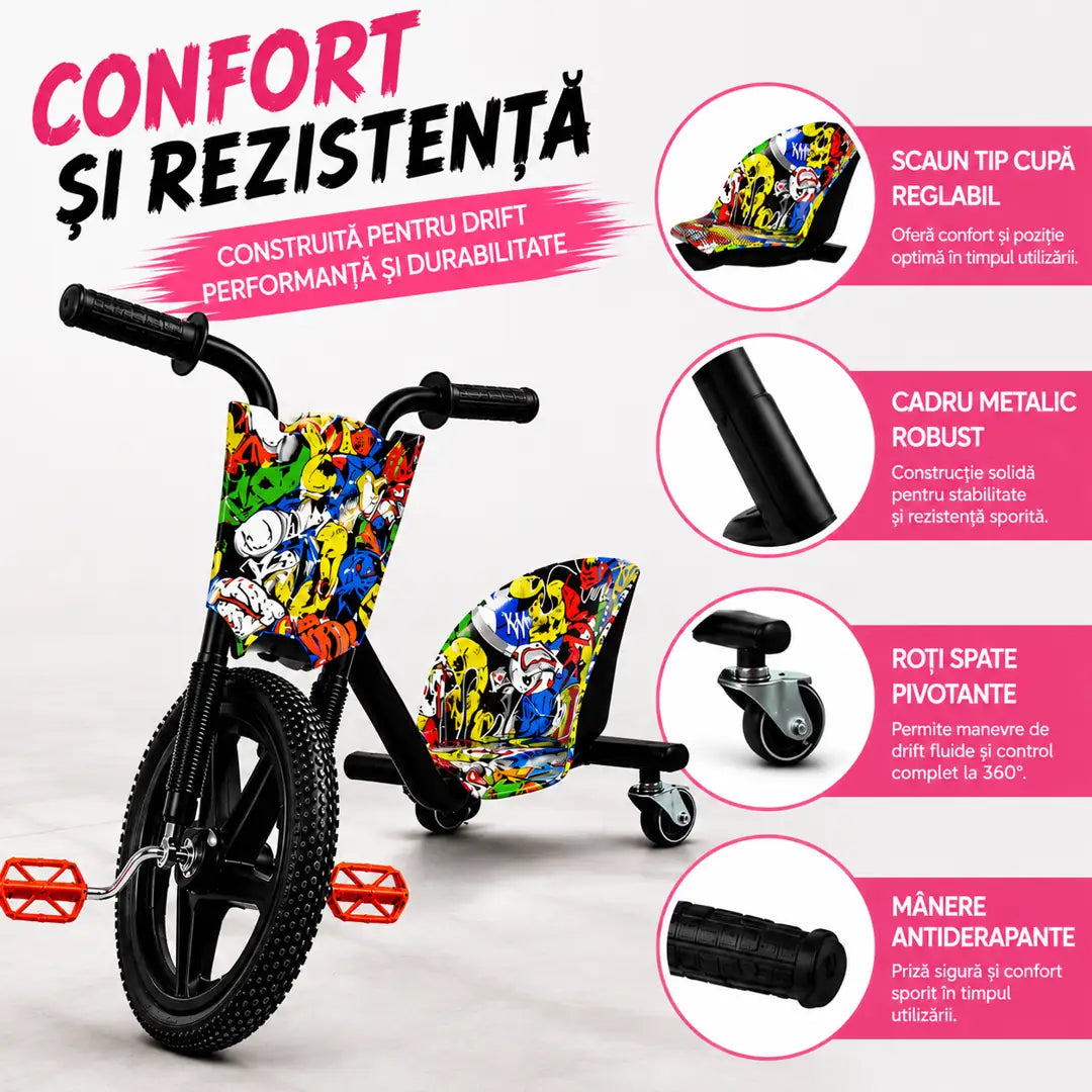 Drift Fără Limite! Tricicletă Drift cu Roți LED, Scaun Tip Cupă și Capacitate 80 KG
