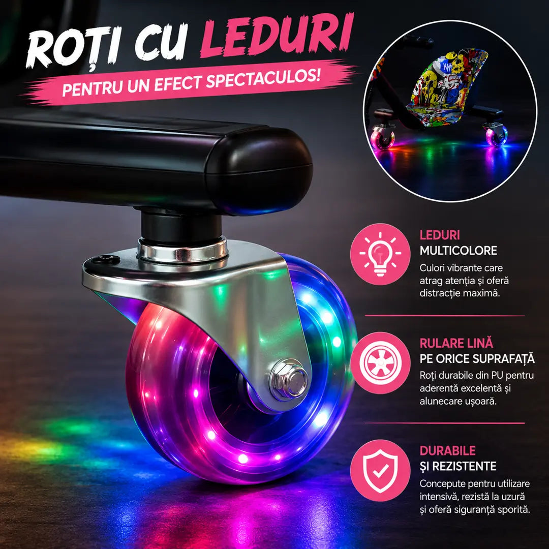 Drift Fără Limite! Tricicletă Drift cu Roți LED, Scaun Tip Cupă și Capacitate 80 KG