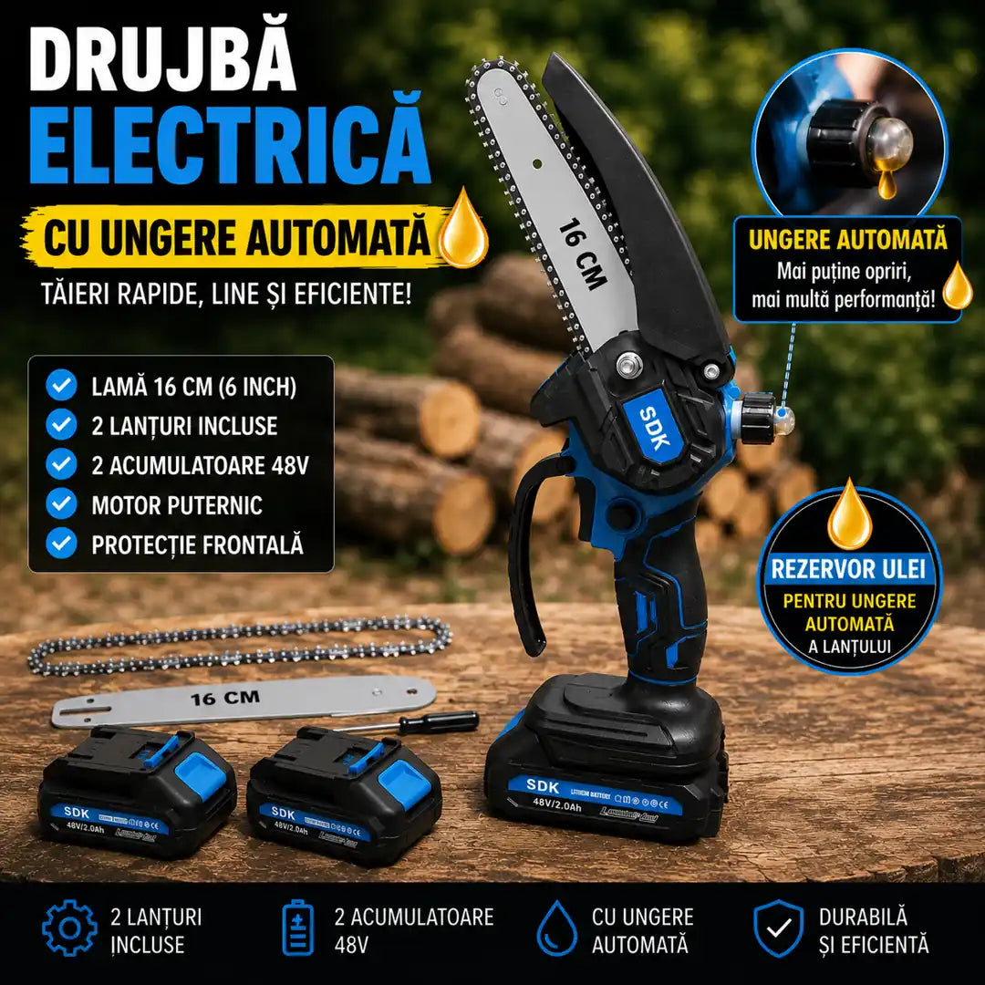 Mini Drujbă Puternică cu Ungere Automată – Pachet Complet cu 2 Acumulatori 48V