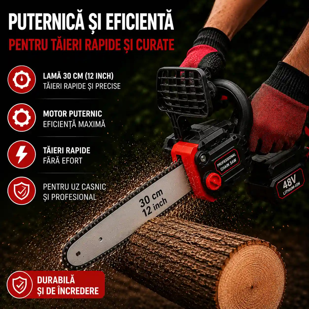 Putere la Fiecare Tăiere – Drujbă Electrică 2 Acumulatori 48V cu Ungere Automată și Lamă 30 cm
