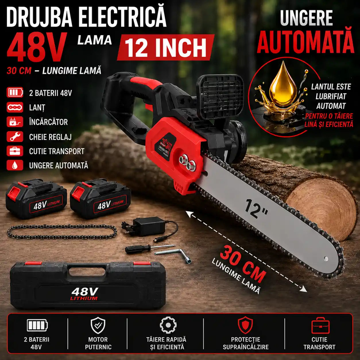 Putere la Fiecare Tăiere – Drujbă Electrică 2 Acumulatori 48V cu Ungere Automată și Lamă 30 cm