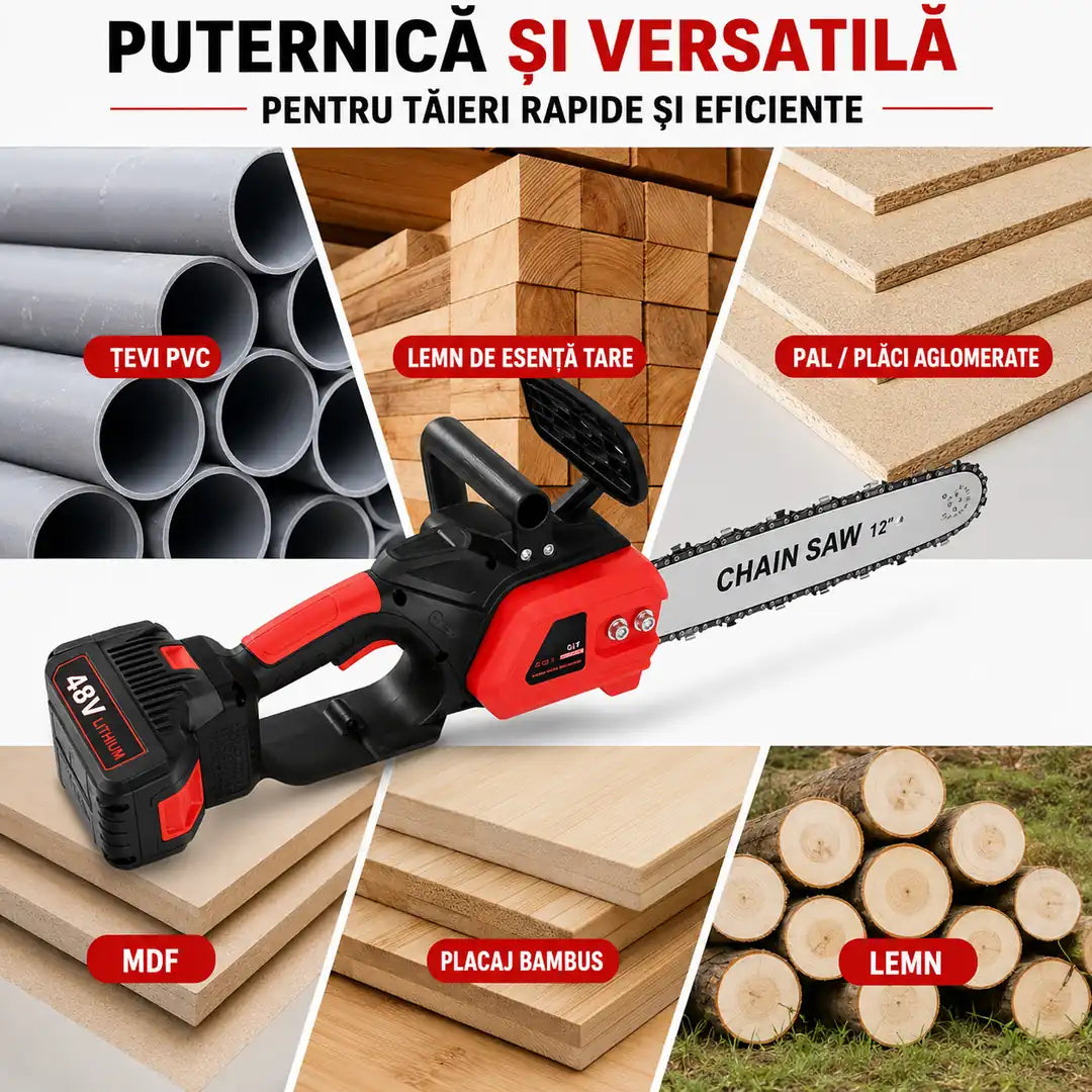 Putere la Fiecare Tăiere – Drujbă Electrică 2 Acumulatori 48V cu Ungere Automată și Lamă 30 cm