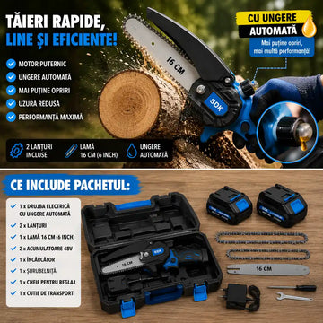 Mini Drujbă Puternică cu Ungere Automată – Pachet Complet cu 2 Acumulatori 48V