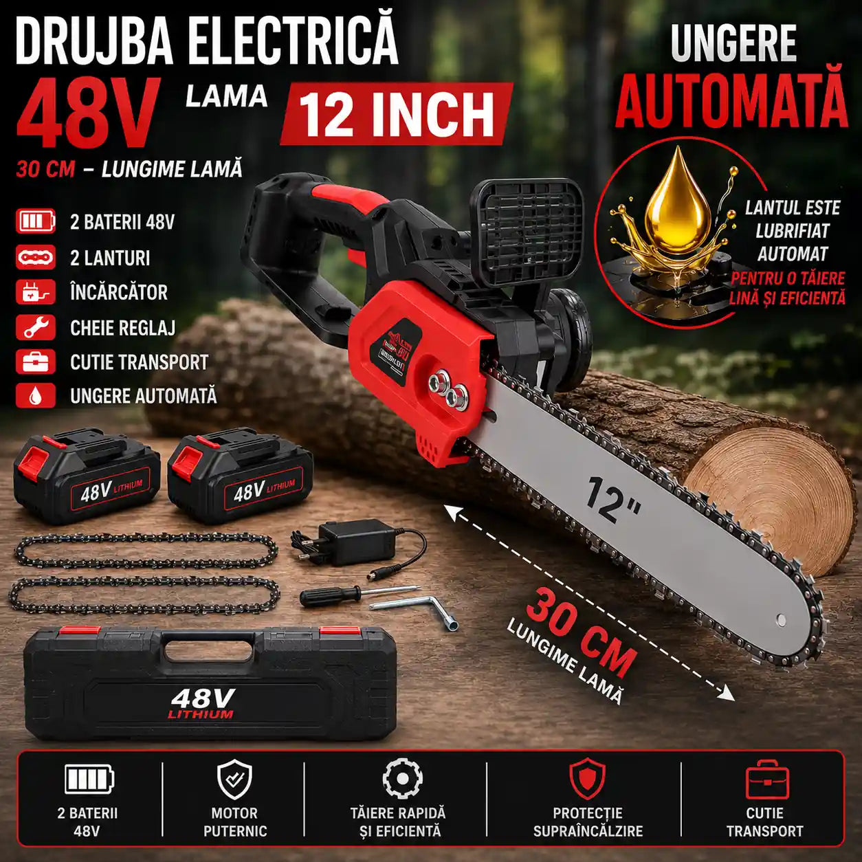 Putere la Fiecare Tăiere – Drujbă Electrică 2 Acumulatori 48V cu Ungere Automată și Lamă 30 cm