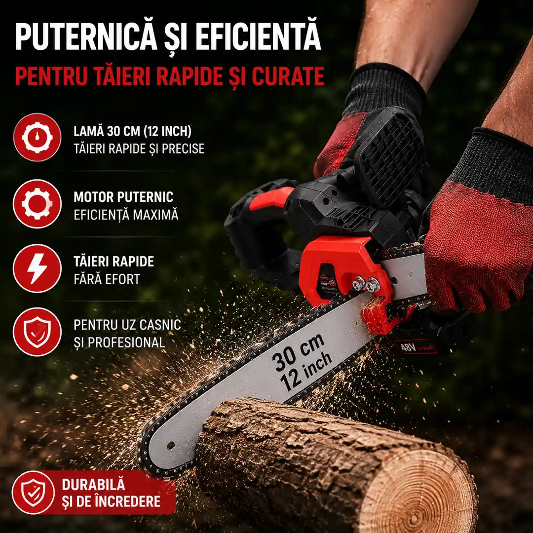 Putere la Fiecare Tăiere – Drujbă Electrică 2 Acumulatori 48V cu Ungere Automată și Lamă 30 cm