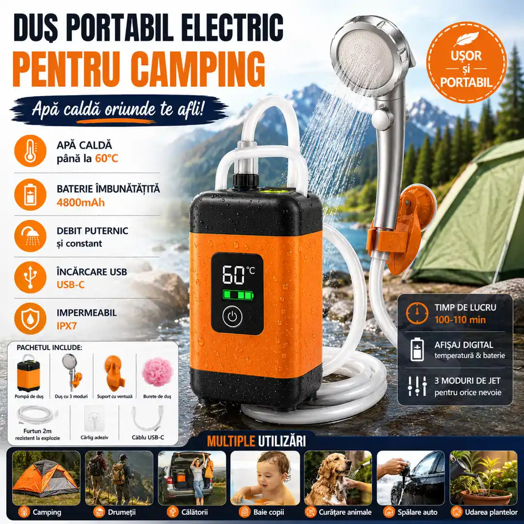 Apă la Îndemână în Orice Aventură – Duș Portabil Electric pentru Camping cu 6 Accesorii