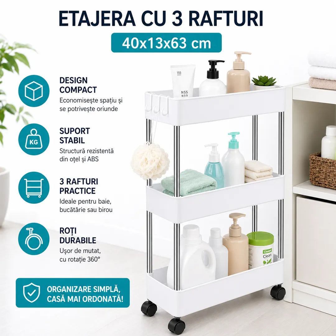 Etajeră cu 3 Rafturi și Roți - 40x13x63 cm - Practică și compactă