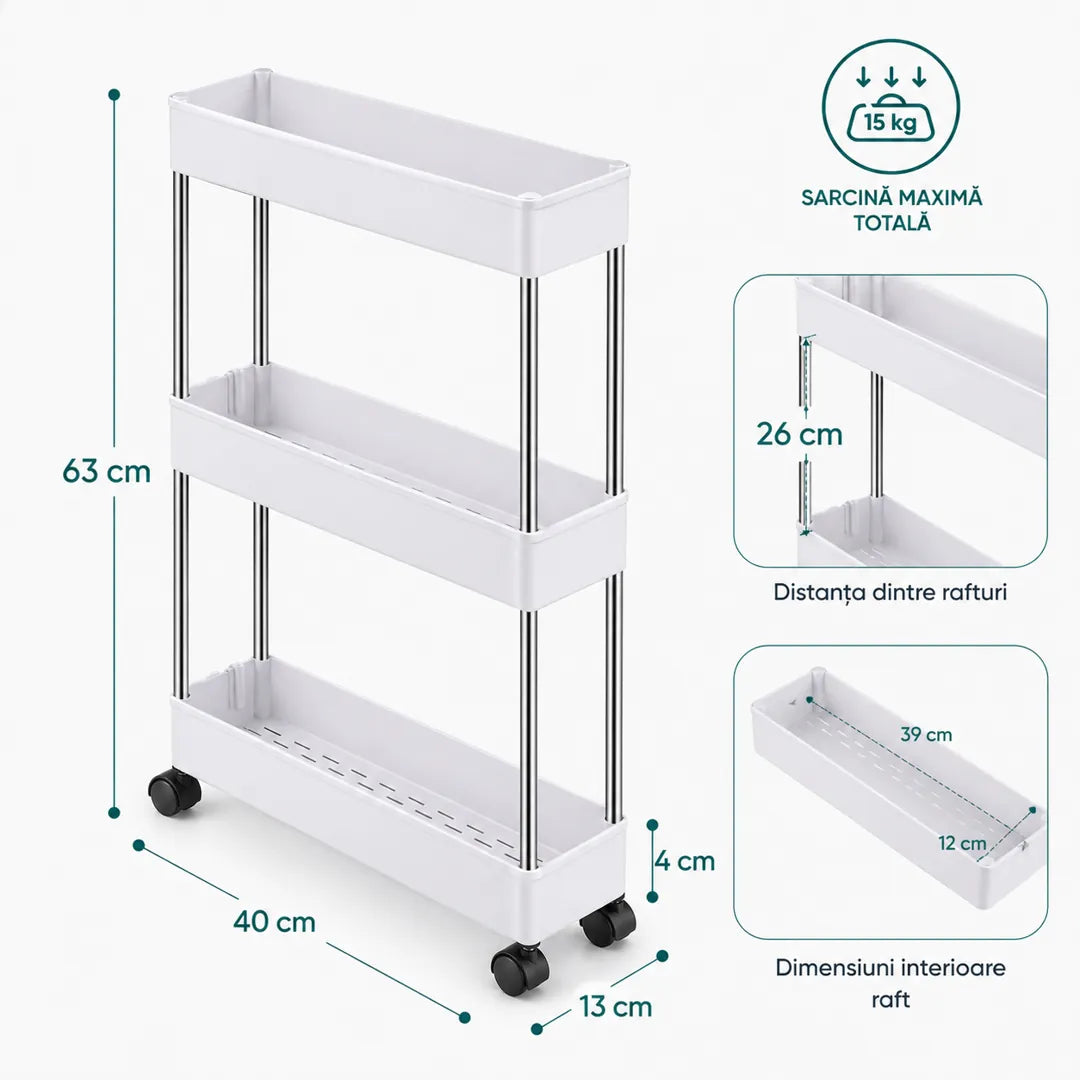 Etajeră cu 3 Rafturi și Roți - 40x13x63 cm - Practică și compactă