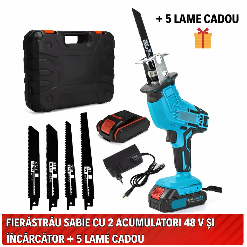 TAIE METAL, LEMN ȘI OASE-Fierăstrău sabie portabil (2 baterii 48V Incluse + 5 lame cadou )
