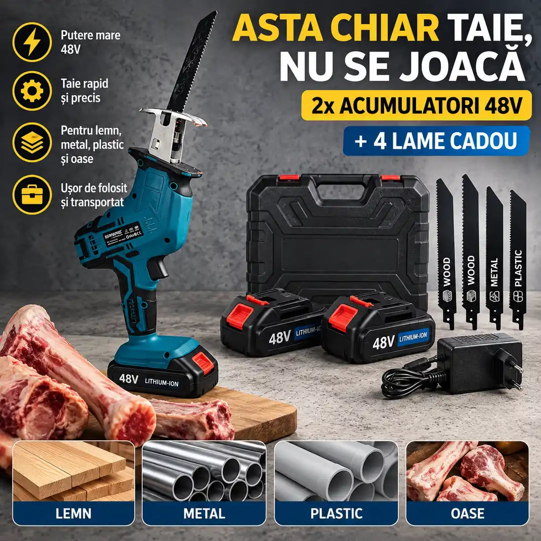 TAIE METAL, LEMN ȘI OASE-Fierăstrău sabie portabil (2 baterii 48V Incluse + 4 lame cadou )