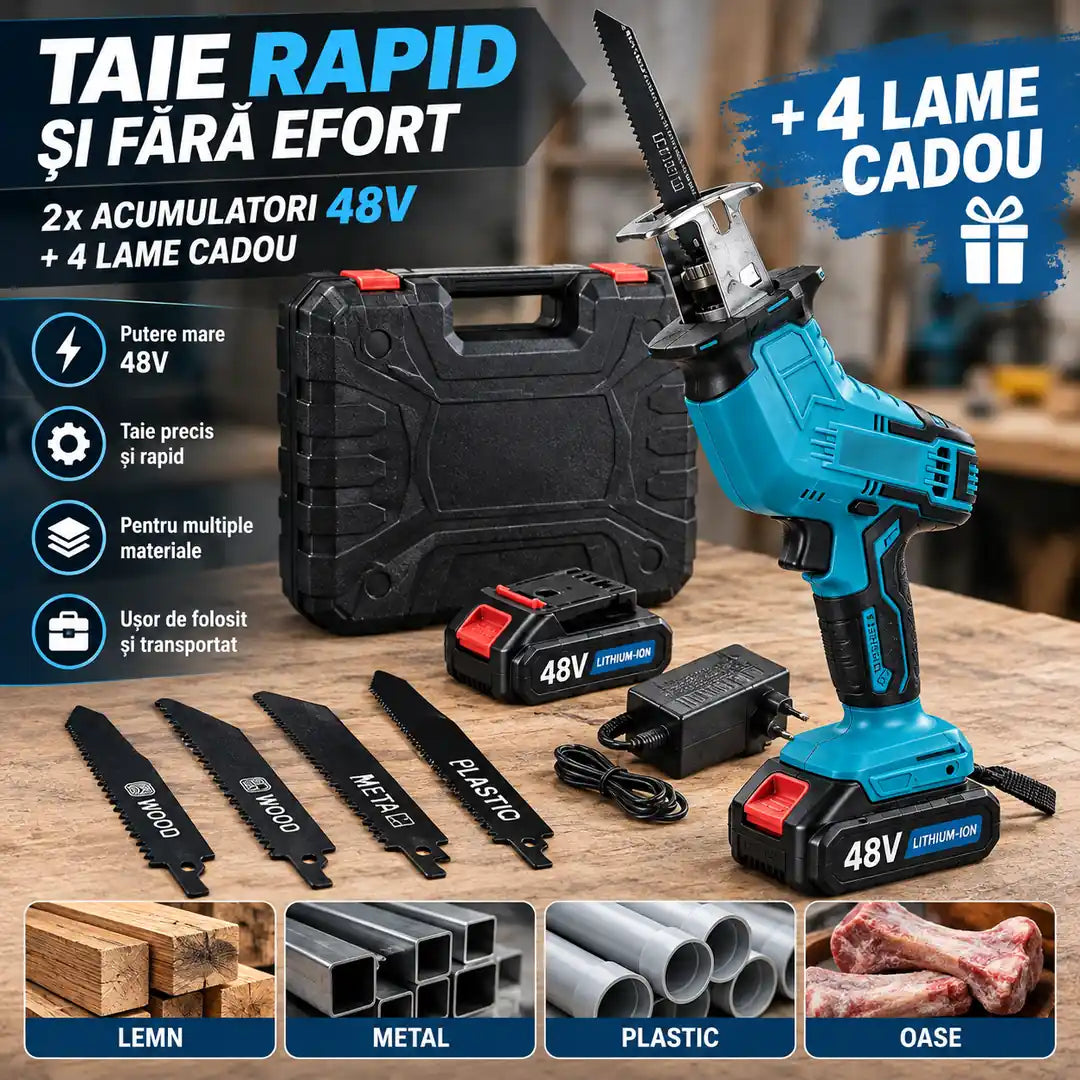 TAIE METAL, LEMN ȘI OASE-Fierăstrău sabie portabil (2 baterii 48V Incluse + 4 lame cadou )