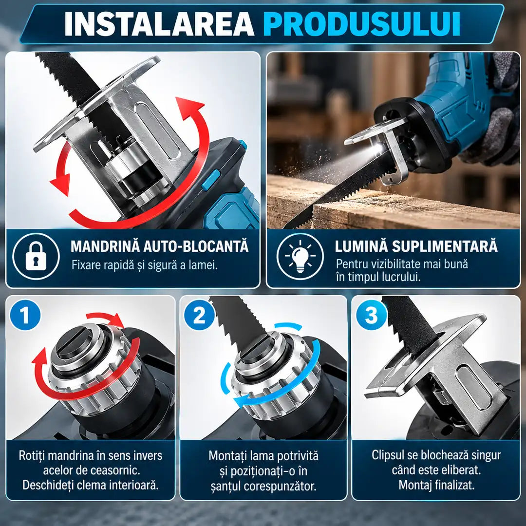 TAIE METAL, LEMN ȘI OASE-Fierăstrău sabie portabil (2 baterii 48V Incluse + 4 lame cadou )