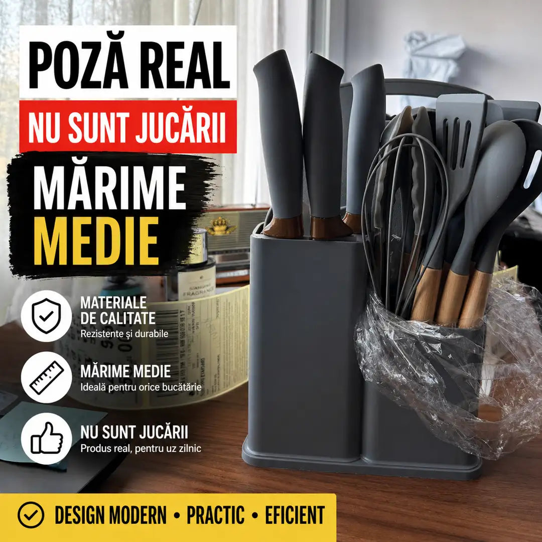 Set complet de bucătărie – 19 ustensile elegante (silicon + lemn) fără zgârieturi