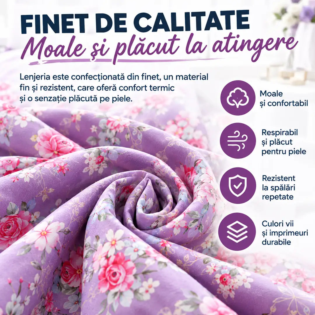 Confort și Eleganță în Fiecare Noapte – Lenjerie de Pat din Finet de Pucioasa, 4 Piese cu Elastic