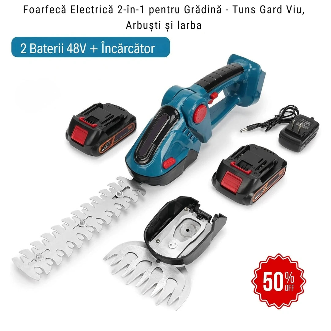 Foarfecă Electrică 2-în-1 cu 2 Baterii 48V — Tunde Gardul Viu Fără Cablu, Fără Efort!