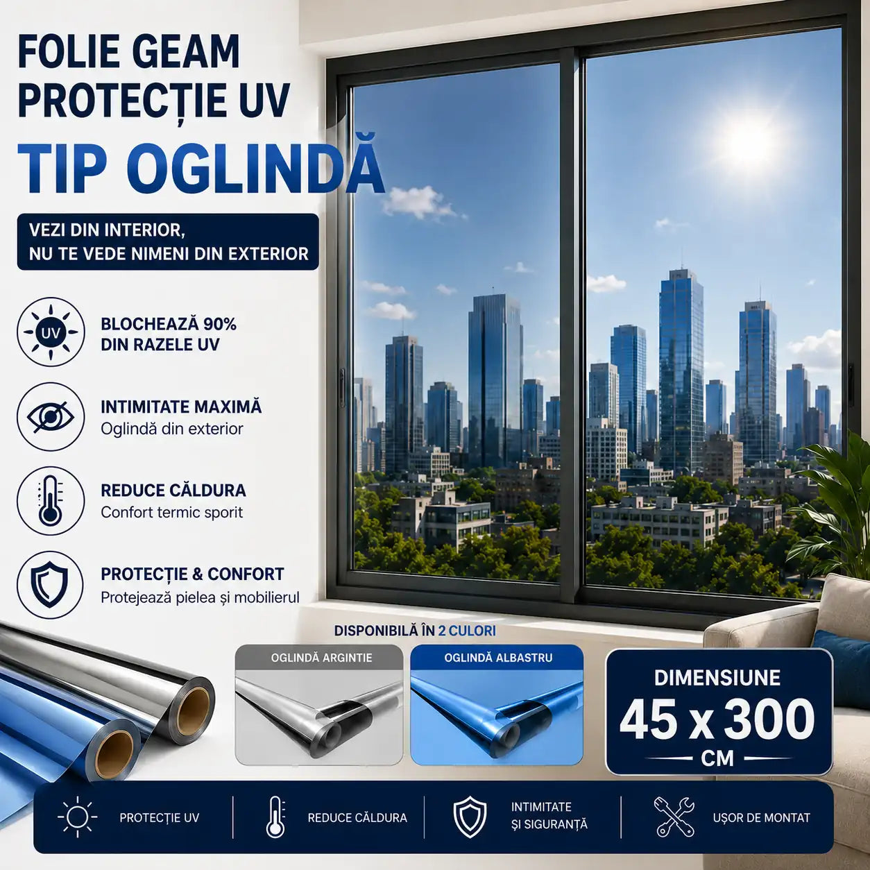 1+1 Gratis! ☀️ Mai Multă Intimitate și Răcoare – Folie Geam Tip Oglindă cu Protecție UV