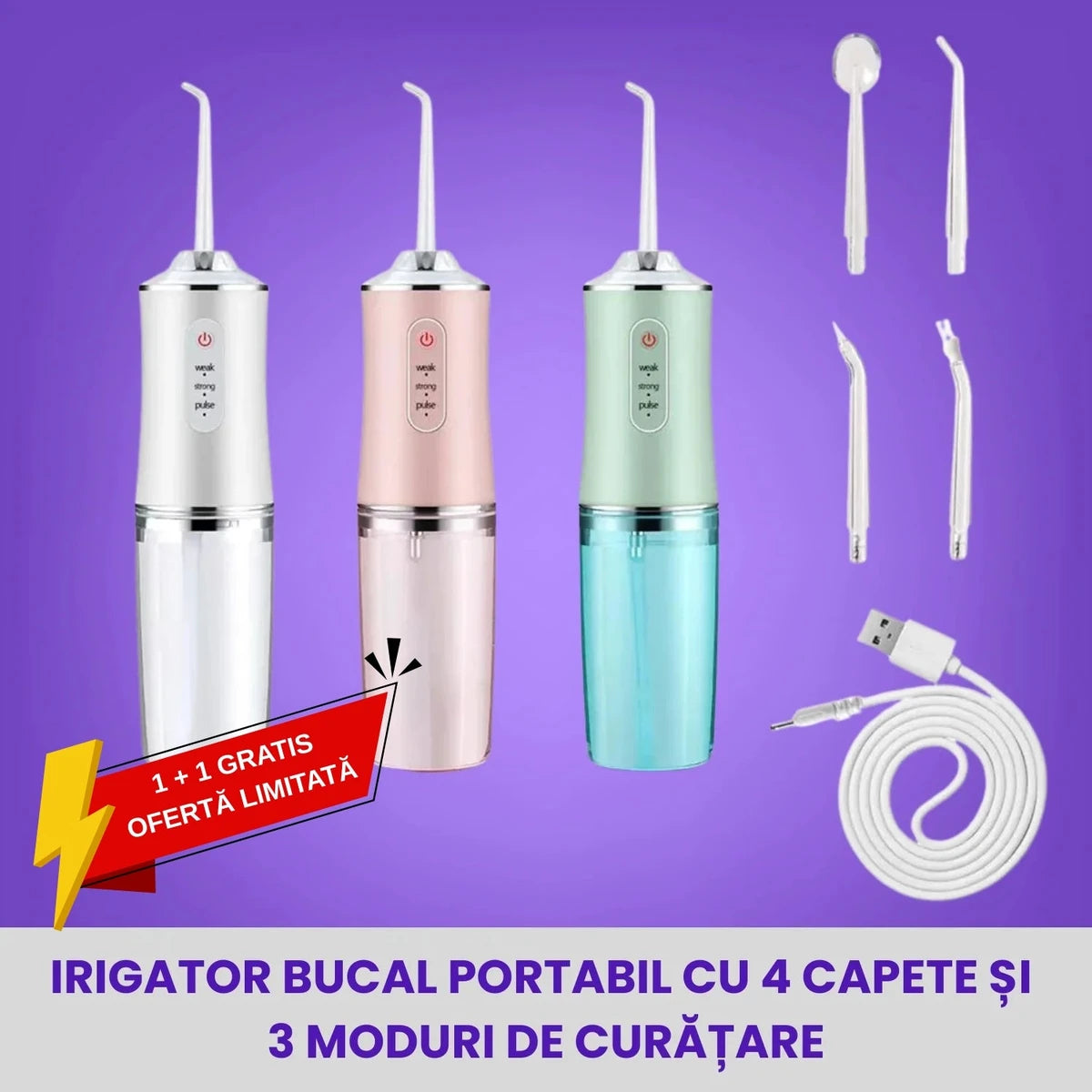 1+1 GRATIS! Irigator Bucal Portabil cu 4 Capete și 3 Moduri de Curățare