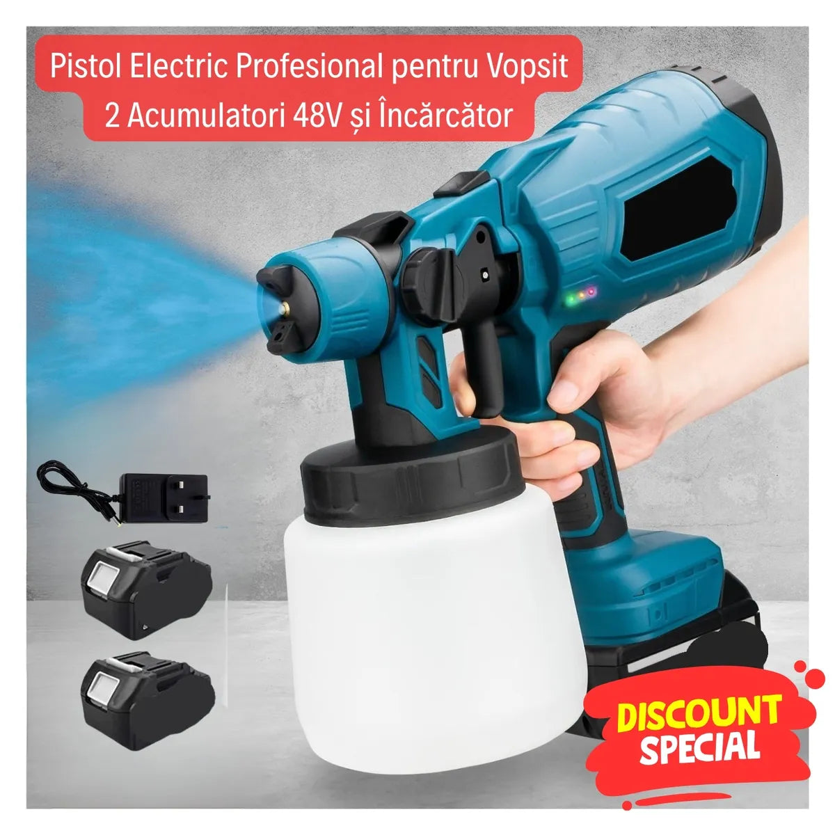 Pistol Electric Profesional pentru Vopsit - 2 Acumulatori 48V și Încărcător
