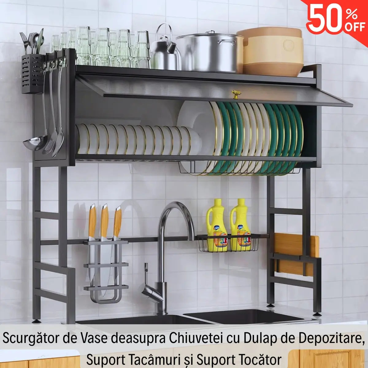 Scurgător de Vase deasupra Chiuvetei cu Dulap de Depozitare, Suport Tacâmuri și Tocător