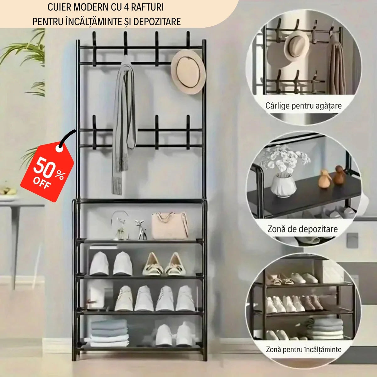 Cuier Modern cu 4 Rafturi pentru Încălțăminte și Depozitare