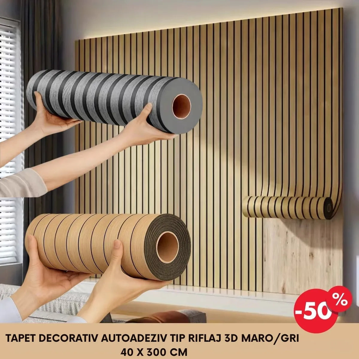 Tapet Decorativ Autoadeziv tip Riflaj 3D - 40 x 300 CM 4MM GROSIME