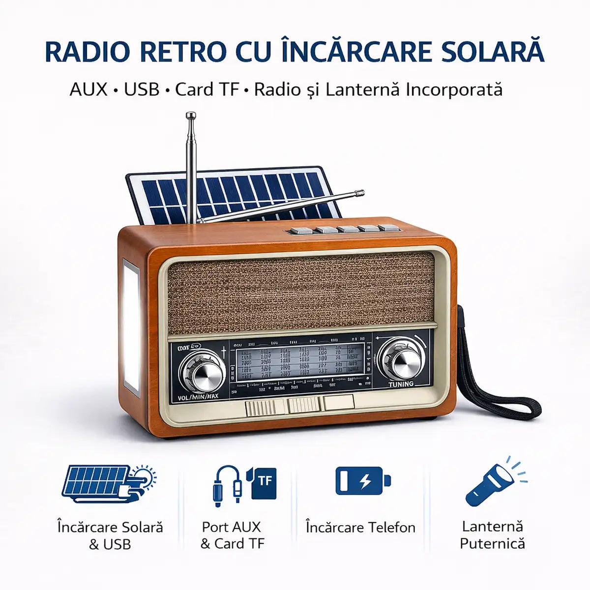 Radio Aspect Retro cu Încărcare Solară și Lanternă - AM, FM, SW, AUX, USB, CARD