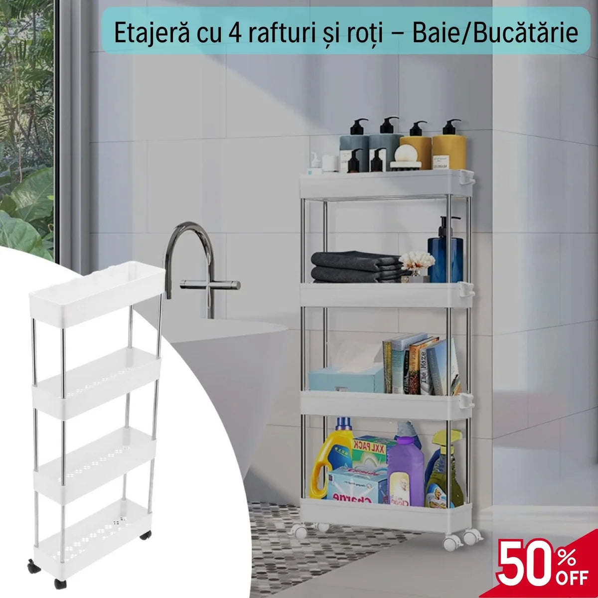 Etajeră cu 4 rafturi detașabile și roți 80 cm înăltime 39 cm lungime 12.5 cm lătime - Baie/Bucătărie/Living