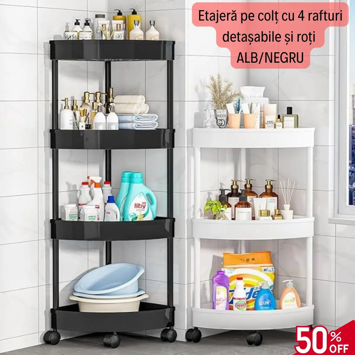 Etajeră pe Colț cu 4 Rafturi detașabile și roți - 26X26X85 CM Alb/Negru