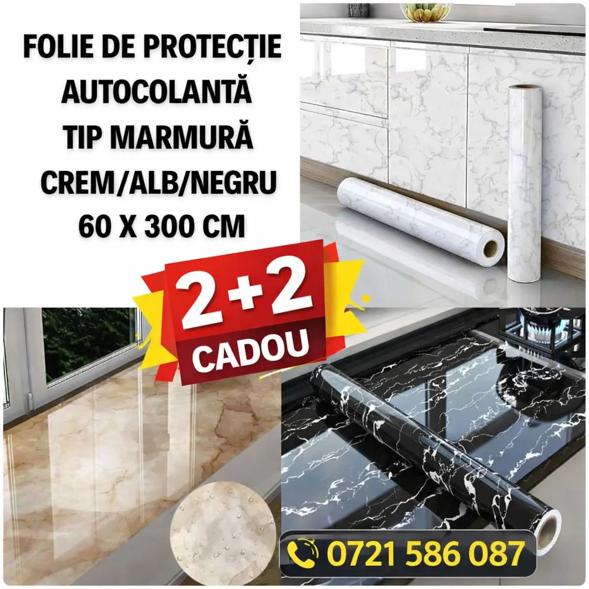 2+2 Gratis! Folie de Protecție Autocolantă tip Marmură Crem/Negru 60 x 300 CM