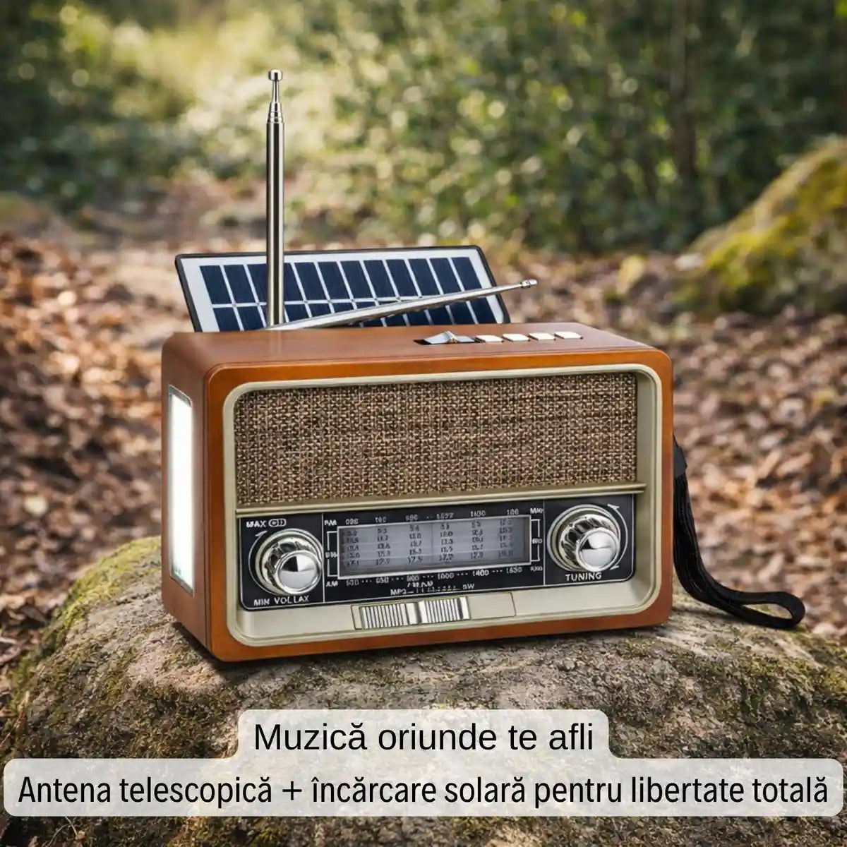 Radio Aspect Retro cu Încărcare Solară și Lanternă - AM, FM, SW, AUX, USB, CARD