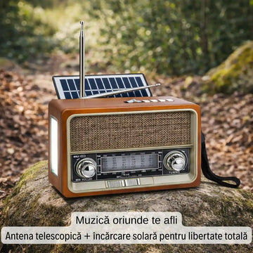 Radio Aspect Retro cu Încărcare Solară și Lanternă - AM, FM, SW, AUX, USB, CARD