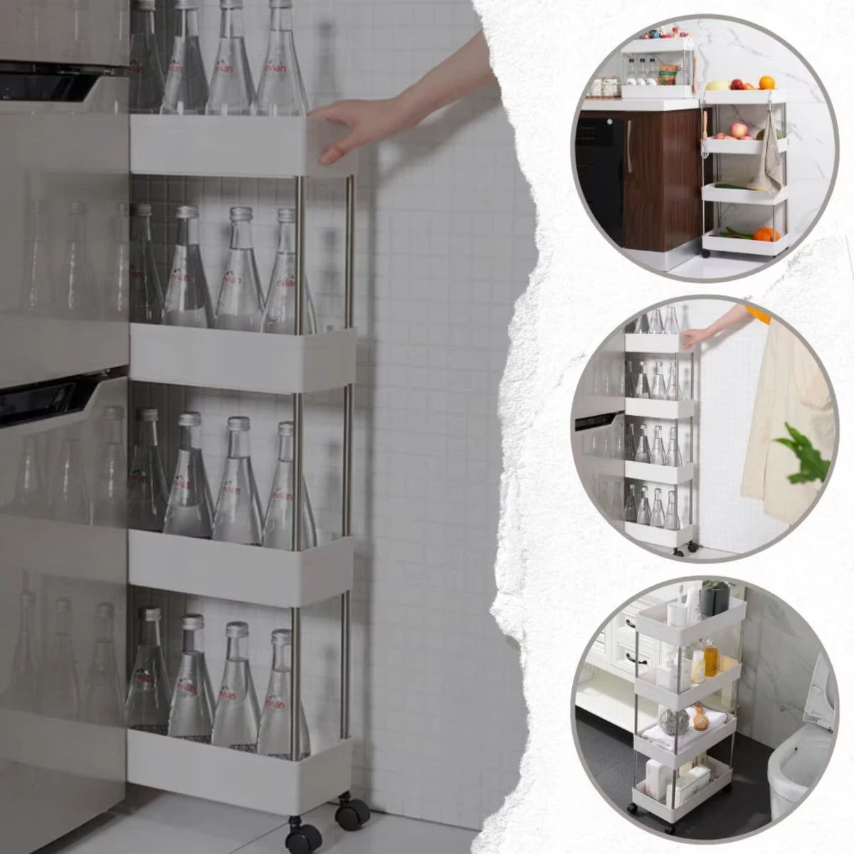 Etajeră cu 4 rafturi detașabile și roți 80 cm înăltime 39 cm lungime 12.5 cm lătime - Baie/Bucătărie/Living
