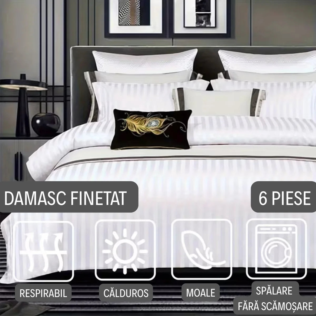Lenjerie de pat 6 piese, respirabilă și durabilă - Damasc luxos