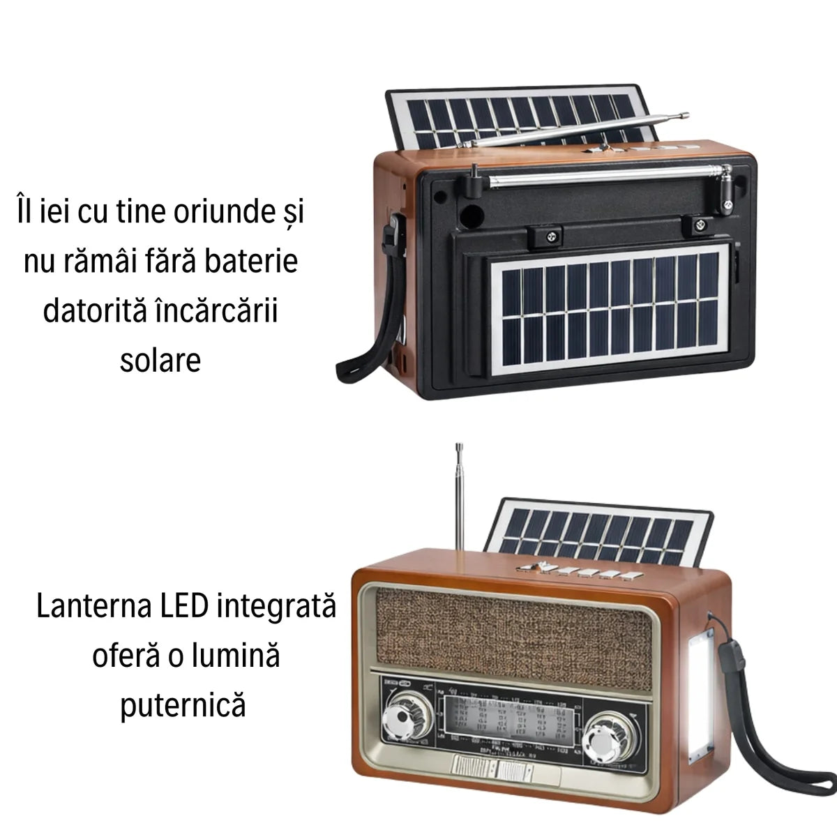 Radio Aspect Retro cu Încărcare Solară și Lanternă - AM, FM, SW, AUX, USB, CARD