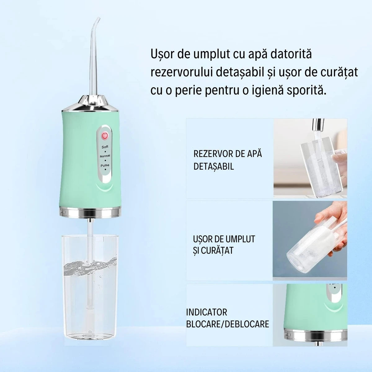 1+1 GRATIS! Irigator Bucal Portabil cu 4 Capete și 3 Moduri de Curățare