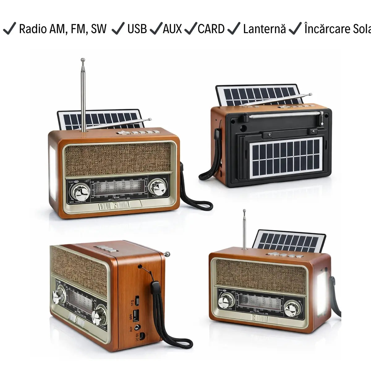 Radio Aspect Retro cu Încărcare Solară și Lanternă - AM, FM, SW, AUX, USB, CARD