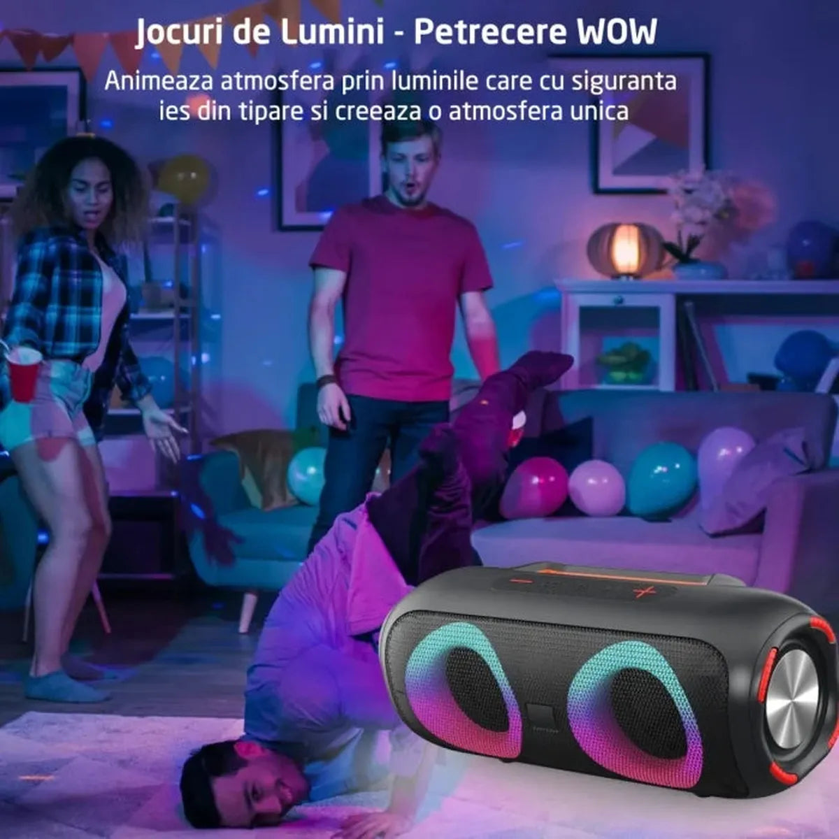 Boxă Portabilă Bluetooth 4000mAH, Lumini RGB Conexiune USB, Auxiliar, Card SD, Radio, 20W