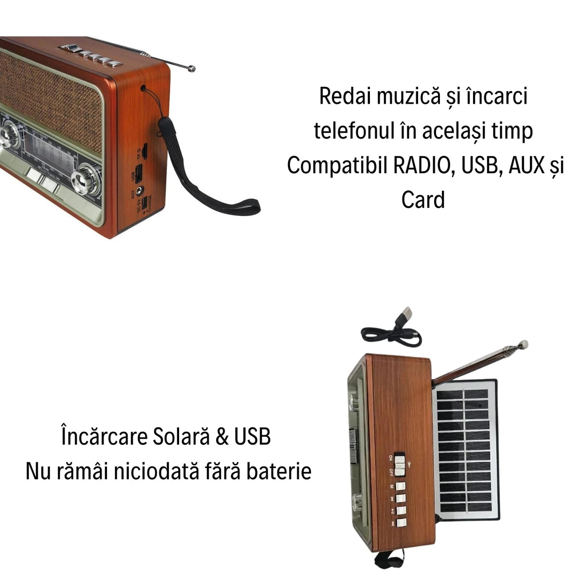 Radio Aspect Retro cu Încărcare Solară și Lanternă - AM, FM, SW, AUX, USB, CARD