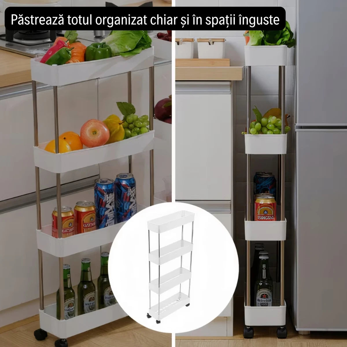 Etajeră cu 4 rafturi detașabile și roți 80 cm înăltime 39 cm lungime 12.5 cm lătime - Baie/Bucătărie/Living