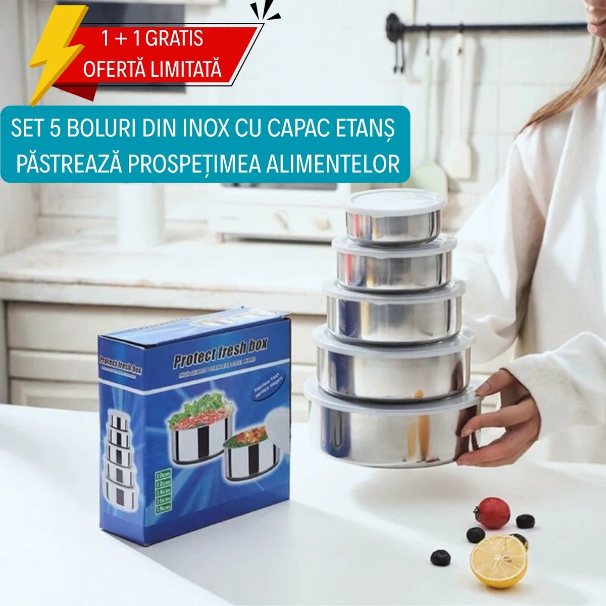 1+1 GRATIS! Set 5 Boluri din Inox cu Capac Etanș - Păstrează prospețimea alimentelor