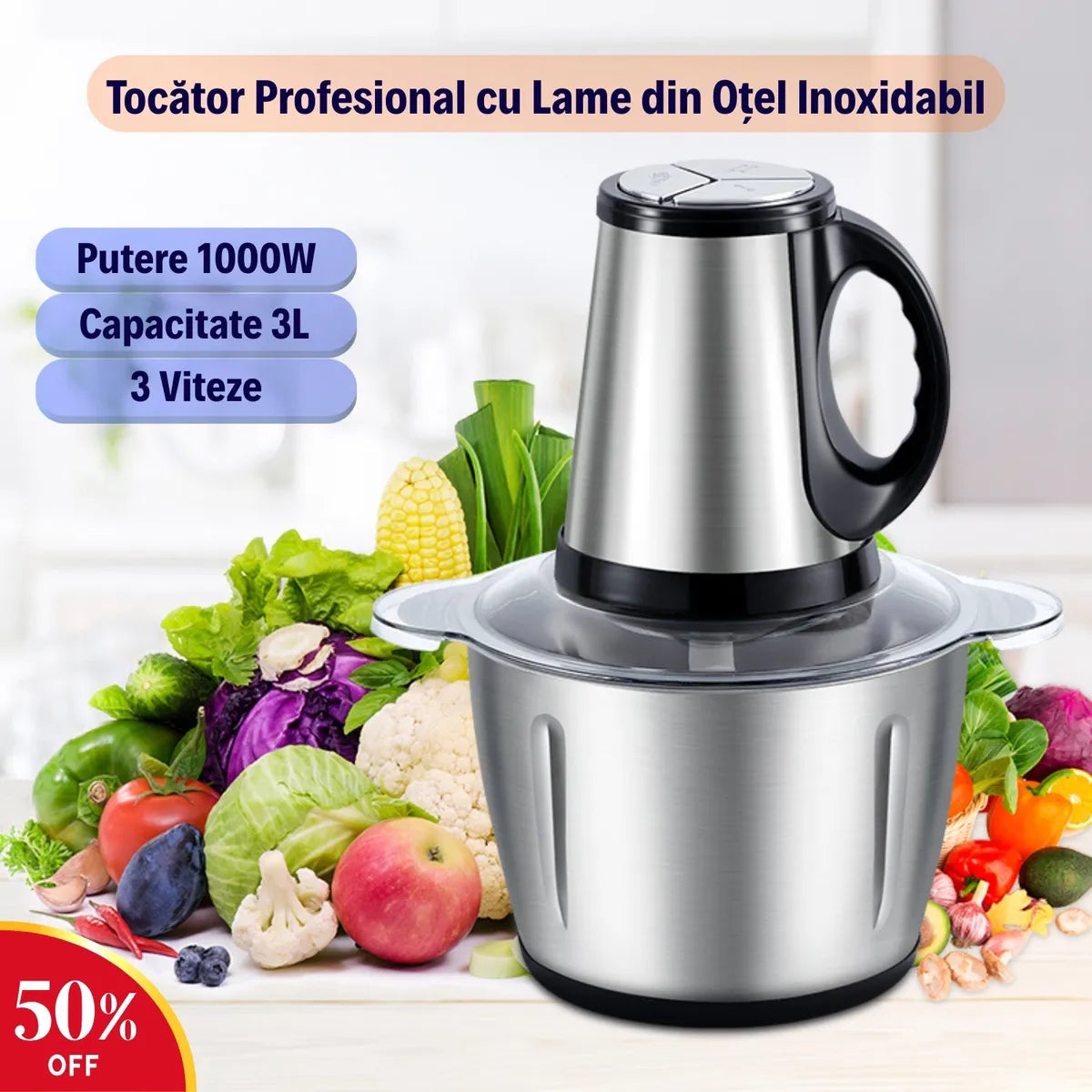 Tocător Profesional XXL 3L (1000W) – Prepară Carnea și Legumele pentru Întreaga Familie în 30 de Secunde