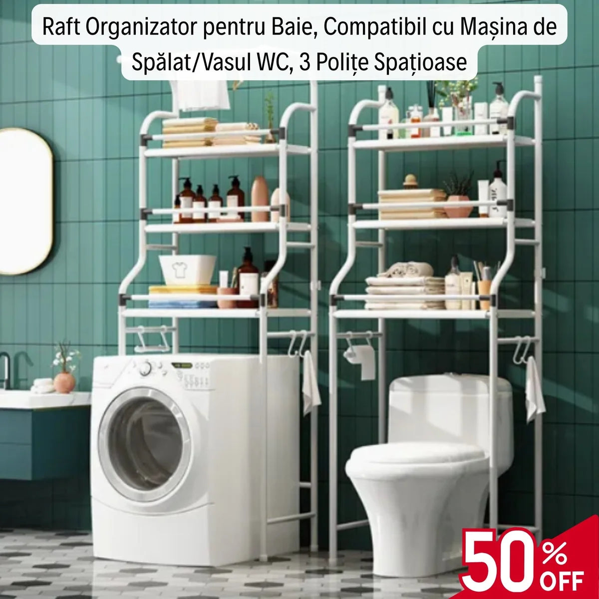 Raft Organizator pentru Baie, Compatibil cu Mașina de Spălat/Vasul WC, 3 Polițe Spațioase