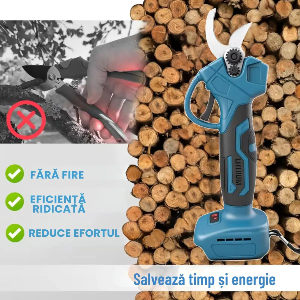 Foarfecă Electrică de Grădină cu 2 Acumulatori 48V și Încărcător + PILĂ DE ASCUȚIT LAMELE FIRMA OKBOONS