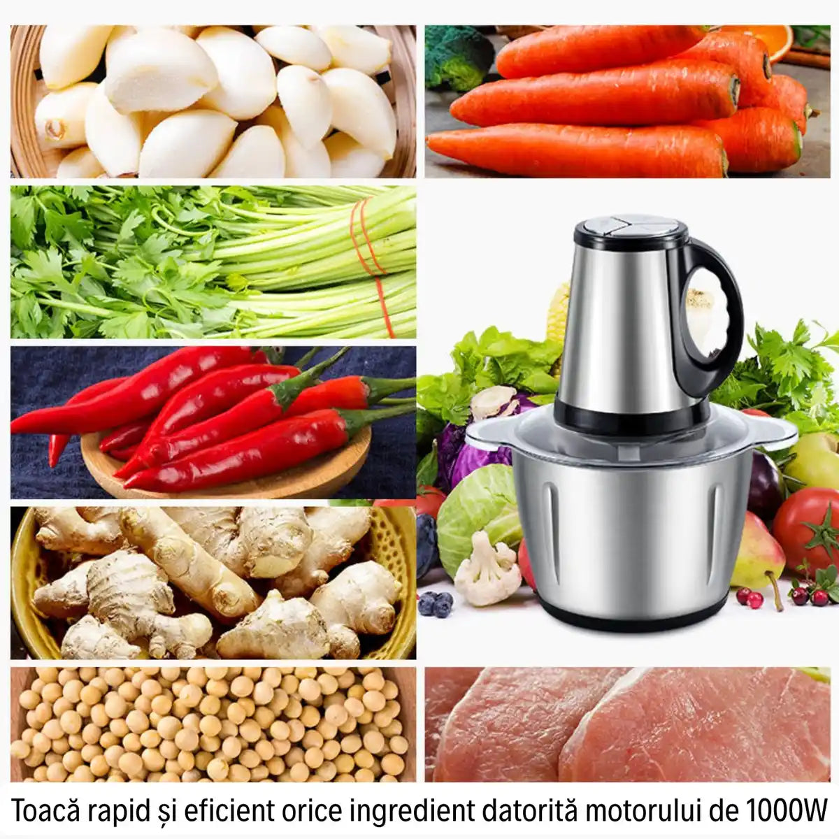 Tocător Profesional XXL 3L (1000W) – Prepară Carnea și Legumele pentru Întreaga Familie în 30 de Secunde